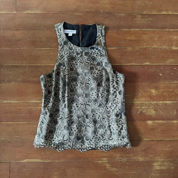 VTG 90s BEBE Black Mesh Gold Floral Lace Corset Cami Whimsigoth Fairy Tank Top S - Picture 4 of 13